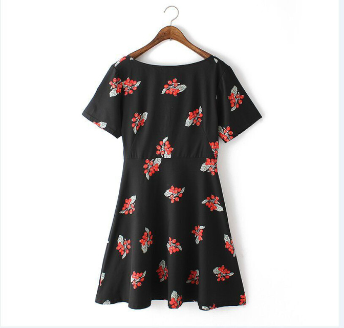 Fashion Ladies Pleated Fruits printed Dresses vintage O-Neck short sleeves Backless zipper casual Plus Size brand dress