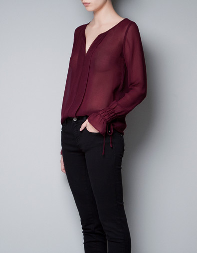 Fashion ladies wine red solid color V neck cuff Elastic long chiffion casual women blouses 2014