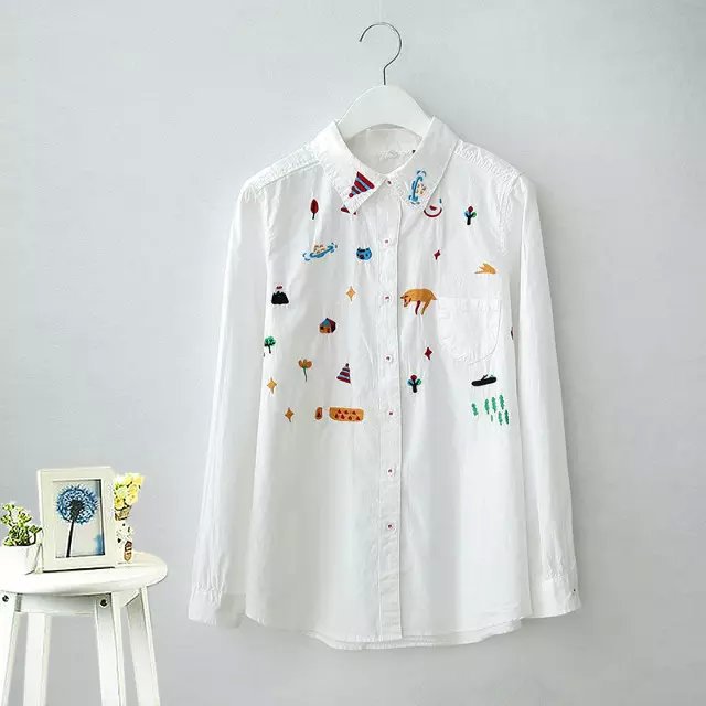 Fashion Lady cartoon animal tree embroidery White cotton blouse for women elegant long sleeve Shirt casual blusas