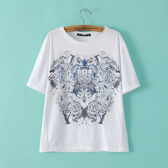 Fashion summer Ladies beading printed T-shirt Casual short sleeve O-neck white shirts brand tops