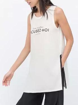 Fashion Summer Ladies Elegant Letter print Side Open long T shirts O-neck sleeveless white casual tops