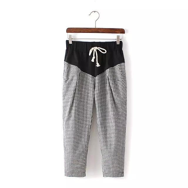 Fashion Summer Ladies' elegant Plaid print Harem pants cozy Trousers elastic waist Three Quarter pockets casual brand