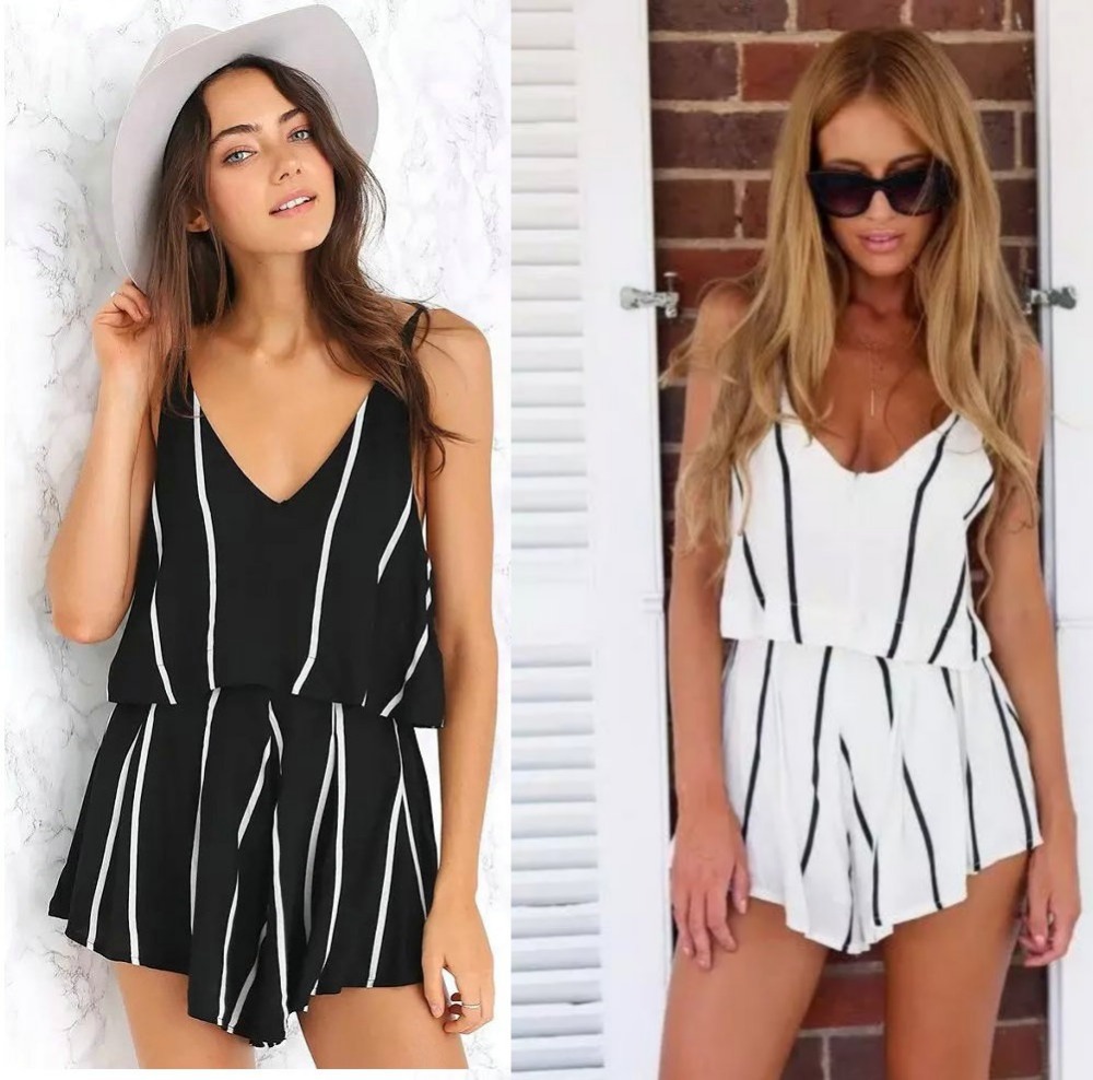 Fashion Summer Woman Elegant Sexy Beach Backless Stripe Jumpsuits Sleeveless V neck Plus Size Rompers