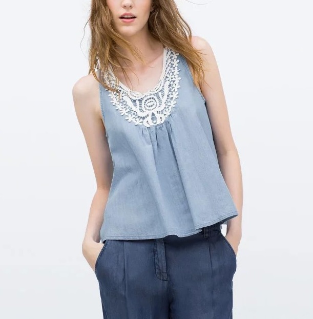 Fashion Summer Women Crochet lace Denim blouse Blue sleeveless casual round collar shirts beach holiday