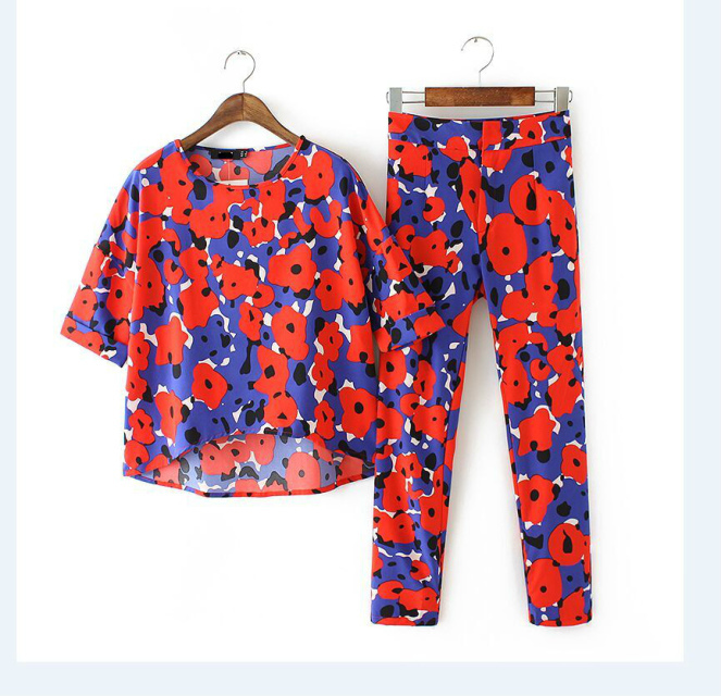Fashion Summer Women Elegant floral print Blouse And Pants Two Piece Set O-Neck Batwing short Sleeve casual shirts