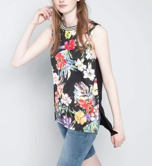 Fashion Summer women Elegant floral print T shirt sleeveless O neck black Shirts casual brand Tops