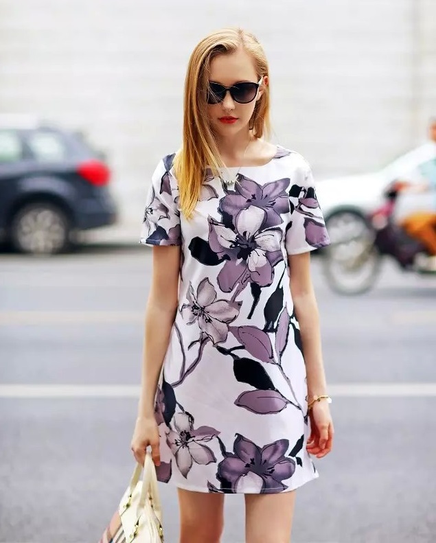 Fashion Summer Women Elegant Ink Floral Print Dresses Short Sleeve Casual brand female Paris sundress holiday