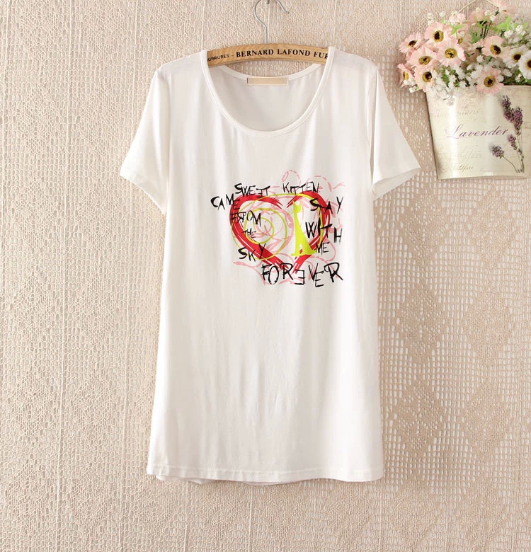Fashion Summer Women Elegant Love Heart print white T shirt O Neck short sleeve Shirts Casual Brand Tops