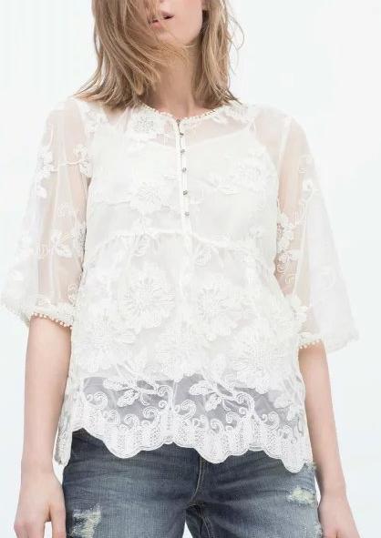 Fashion Summer Women Elegant Mesh Embroidery See Through Two Piece Blouse O-neck Half Sleeve shirts casual tops