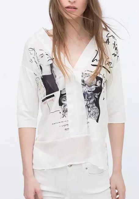 Fashion Summer women Elegant Photo Letter Printed kimono T-shirt V-neck Half sleeve white casual loose tops