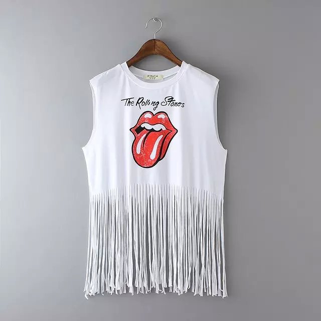 Fashion Summer Women Elegant Punk Rock Red lips Print Tassel short T shirts O-neck sleeveless white Casual Crop Tops