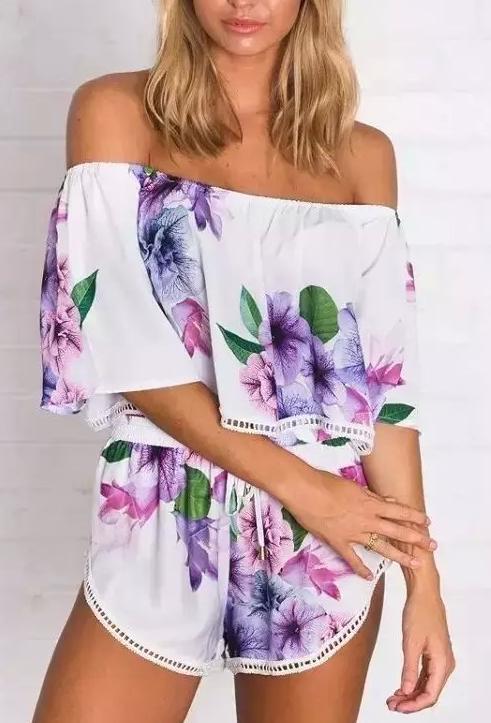 Fashion Summer Women Elegant Slash neck floral print Blouse And Shorts Two Piece casual Plus Size shirts
