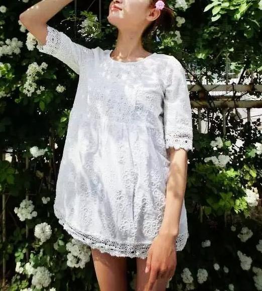 Fashion summer women Hollow out Lace Patchwork long T-shirt Casual Half sleeve O-neck white shirt brand tops