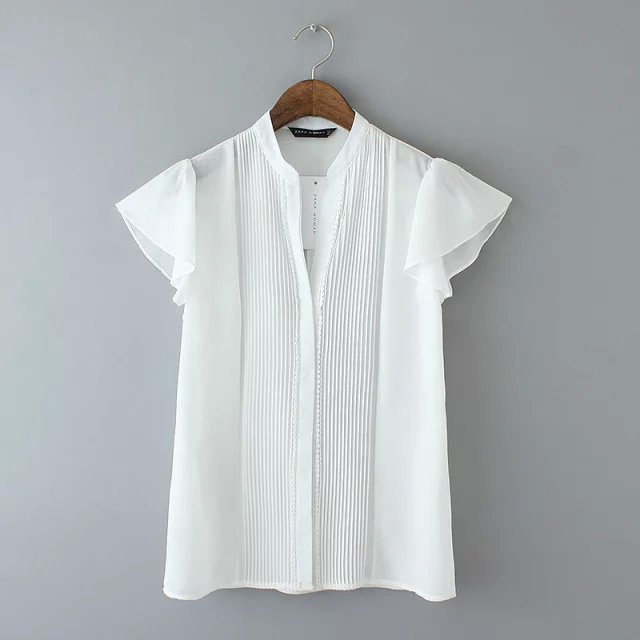 Fashion Summer Women Lace Pleated Office White Chiffon Blouse V Neck Ruffle Sleeve Shirts Casual Brand Camisas Femininas