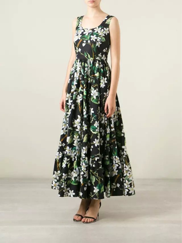 Fashion Summer Womens Floral print Pleated Maxi Green Dresses O neck Sleeveless Ruffle casual dress