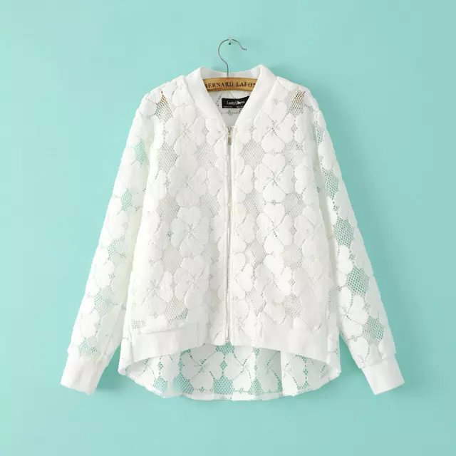 Fashion Summer Womens Zipper floral Flocking White Coat Casual Long sleeve V neck Jacket loose brand tops