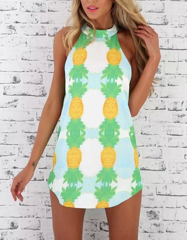 Fashion Woman Summer pineapple print Dress sexy vintage O neck sleeveless casual slim brand Vestidos plus size
