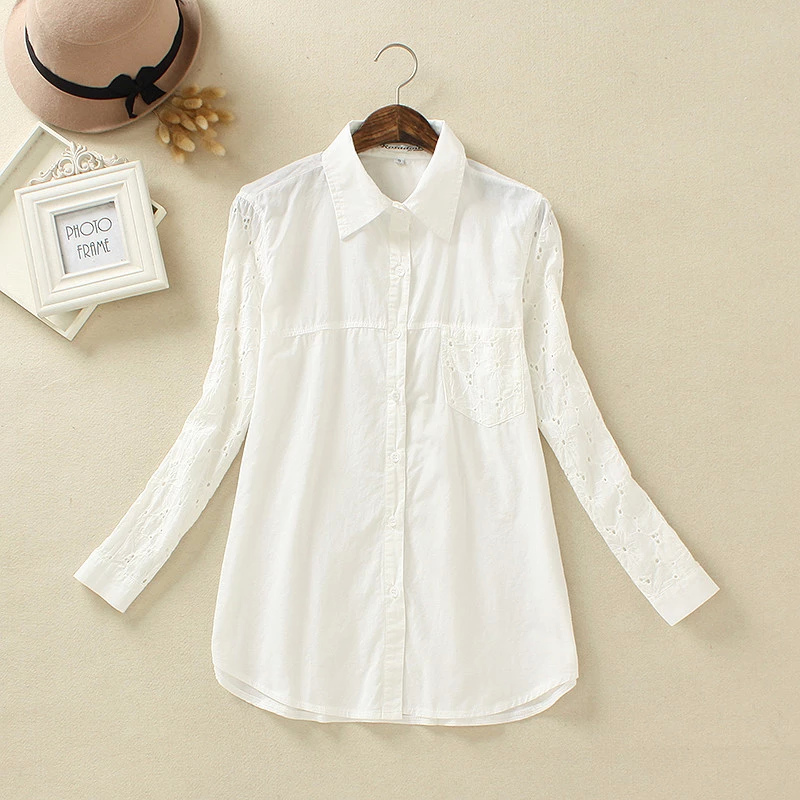 Fashion Women Cotton Elegant Embroidery Hollow out Blouse Long Sleeve white shirts casual tops