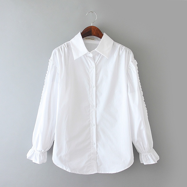 Fashion Women Cotton Ruffle blouses vintage Turn-down collar Hollow out long sleeve shirts casual white brand tops