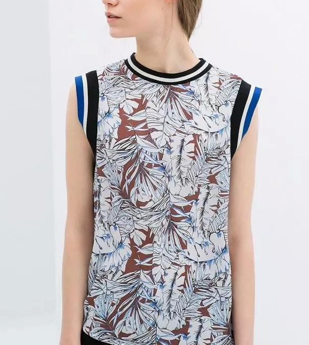 Fashion Women Elegant Basic Floral Print Blouses Vintage O-neck Sleeveless shirts Casual brand Tops
