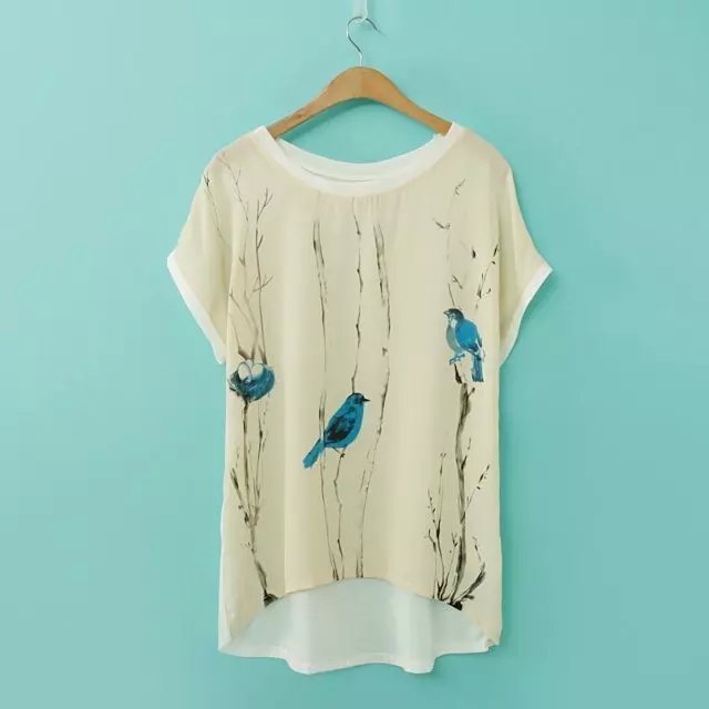 Fashion Women Elegant Bird printed T shirt O Neck Batwing short sleeve Shirts Casual Brand Tops