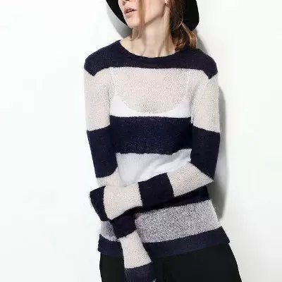 Fashion women elegant black striped print white pullover knitwear Casual loose O neck long Sleeve knitted Thin sweater Tops