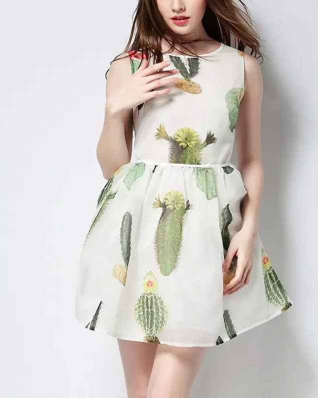 Fashion Women Elegant Cactus Print Organza Mini Dresses Sweet Sleeveless casual brand Party vestidos