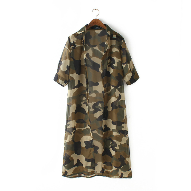 Fashion Women Elegant Camouflage Print Air Conditioning short sleeve Coat casual jacket Perspective Cover Up Tops