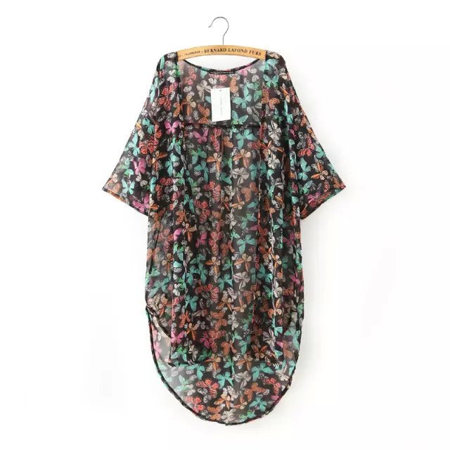Fashion Women Elegant Chiffon Butterfly Print Air Conditioning short sleeve Coat casual jacket Perspective Cover Up Tops