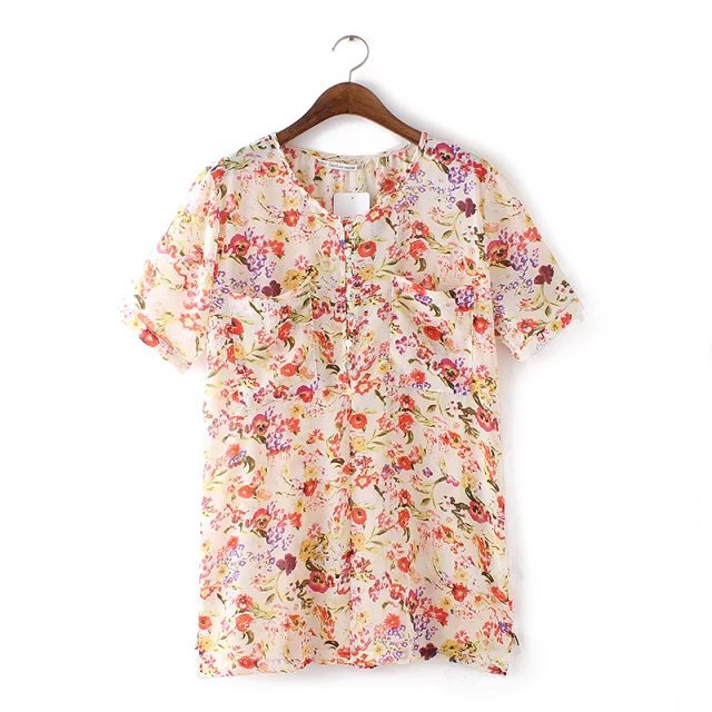 Fashion Women elegant Chiffon Floral print blouses O-neck short Sleeve pocket shirts casual brand Tops