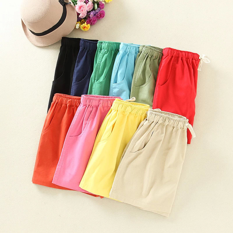 Fashion Women Elegant Cotton Linen Candy Color Elastic waist Drawstring casual brand design pocket shorts
