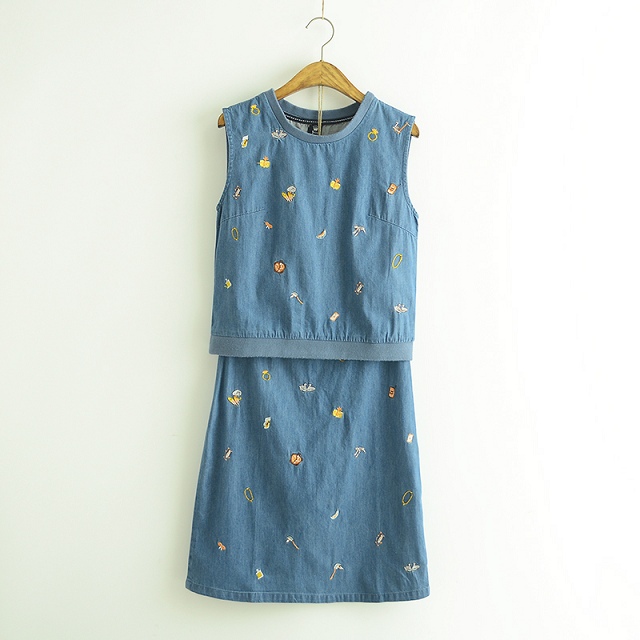 Fashion Women Elegant Denim Embroidery O-neck Sleeveless T-shirt + Zipper Two Piece Dresses Casual blue dress
