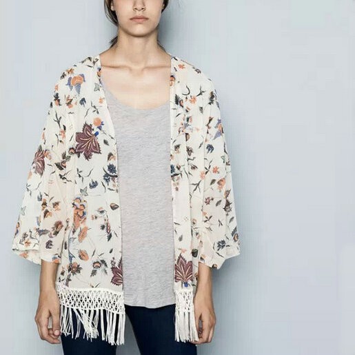 Fashion women elegant floral print tassel Kimono outwear loose vintage cape coat casual cardigan brand designer tops