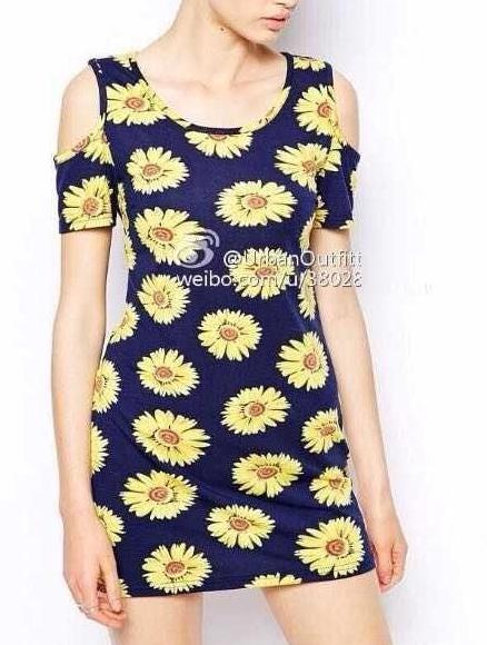Fashion Women Elegant knitting Cotton Sunflower printed Off Shoulder Dress vintage O-neck short sleeve casual dress