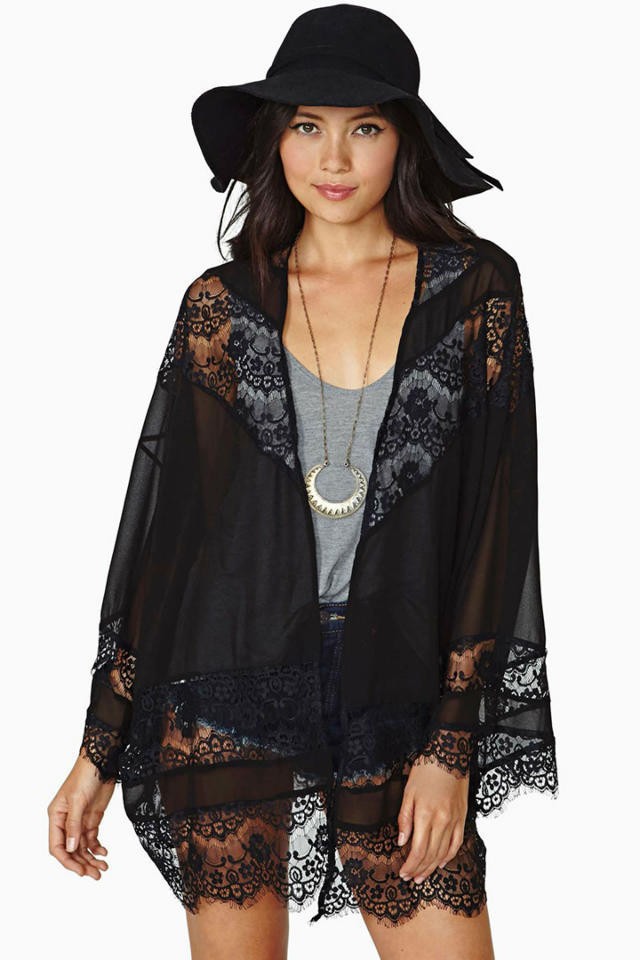 Fashion women elegant lace tassel black Kimono outwear loose vintage cape coat cardigan casual brand tops
