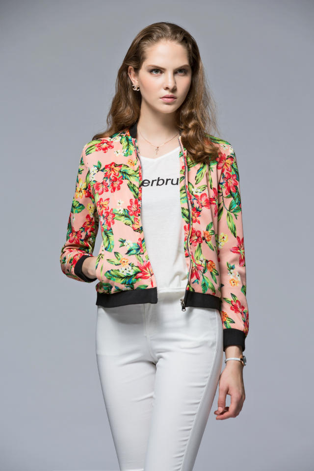 Fashion women elegant leaf floral print short coat outwear zipper pockets long sleeve Jacket casual slim brand top