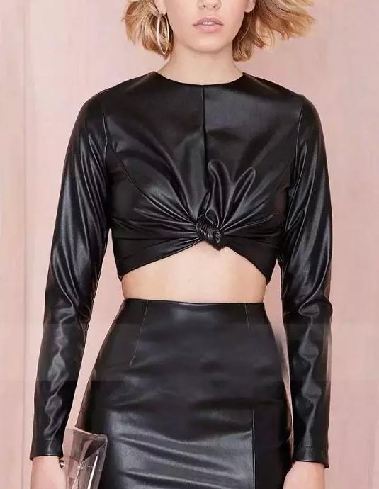 Fashion Women Elegant Leather black Blouse Ribbons Bow O-neck long sleeve short shirts back Zipper Casual Crop Tops