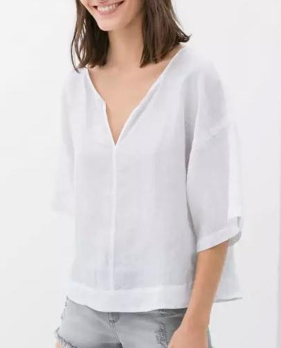 Fashion Women elegant Linen blouses vintage V neck Batwing Three Quarter Sleeve white shirts casual top