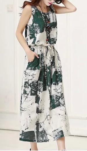 Fashion Women Elegant Pleated Ink Floral Print Elastic Waist Tunic Drawstring Dresses O-neck Sleeveless Casual dress