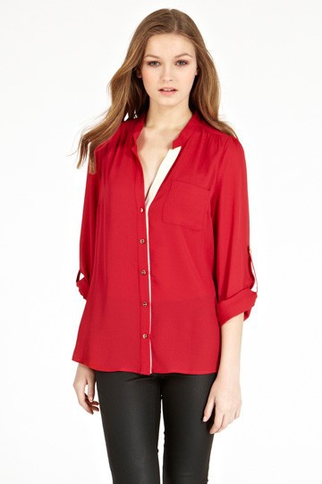 Fashion women elegant red basic blouses brief pocket V neck long sleeve shirts casual slim brand designer tops