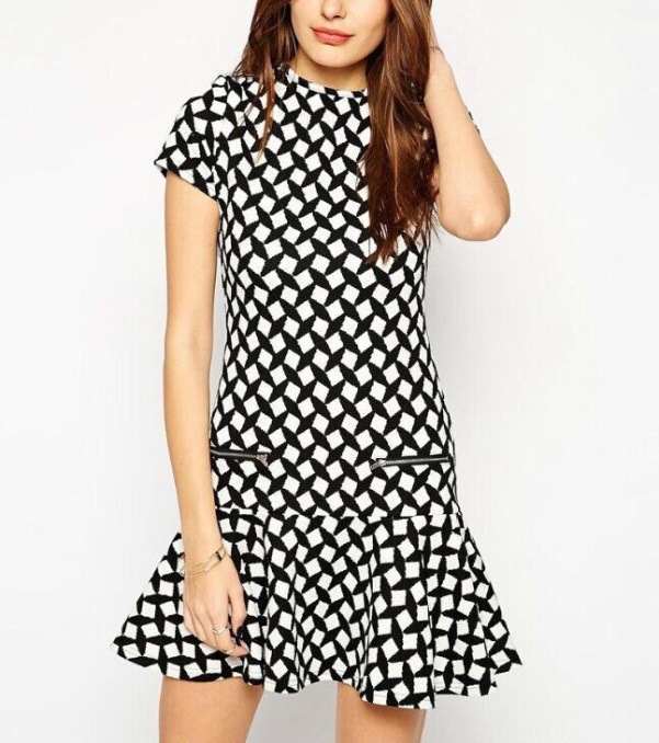 Fashion Women Elegant sexy Geometry print zipper ruffles Dress vintage O neck short sleeve casual slim brand dress