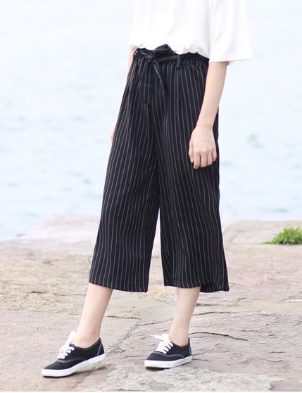 Fashion Women Elegant Striped Wide Leg Cozy Vintage Elastic Waist Tunic Drawstring Casual Black Loose brand designer pants