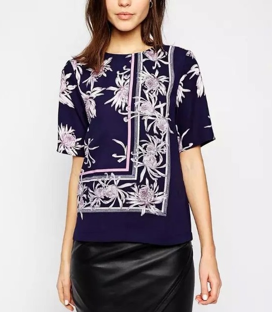 Fashion Women elegant stylish Purple floral print blouses vintage O neck short sleeve shirts casual slim brand tops
