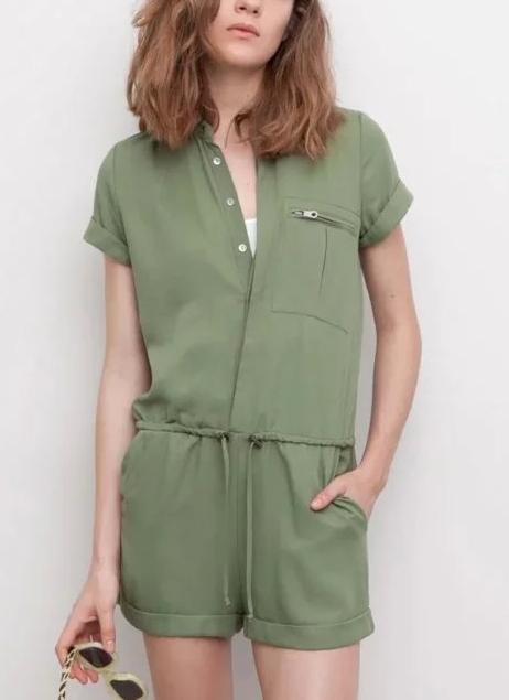 Fashion Women Elegant Turn-down collar pocket Amy Green Elastic Waist Tunic Drawstring Jumpsuits Casual brand Rompers