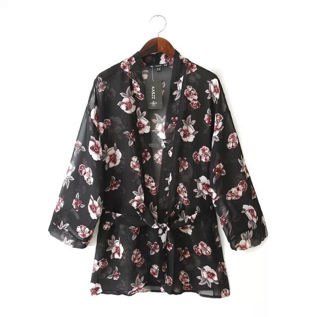 Fashion women floral skin print loose kimono non-button cape outwear casual brand tops with belt 02AZ15