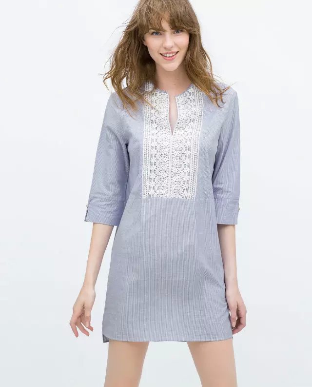 Fashion Women Lace Blue Stripe Cotton Mini Dresses vintage V-neck Half sleeve casual vestidos