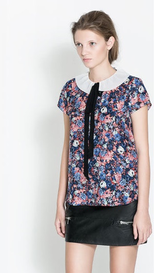 Fashion women Ladies' blue floral print peter pan collar blouse short sleeveShirts casual slim brand designer tops