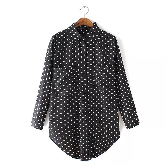 Fashion Women pocket Blouses Turn-down collar Long Sleeve Black Shirts Casual brand High Street Dots Tops