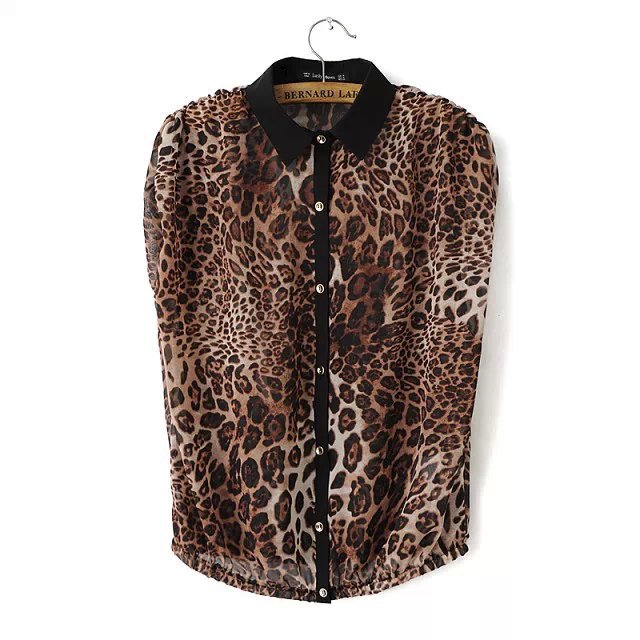 Fashion women sexy leopard print chiffon work blouse shirt vintage turn down collar batwing sleeve blusa feminina