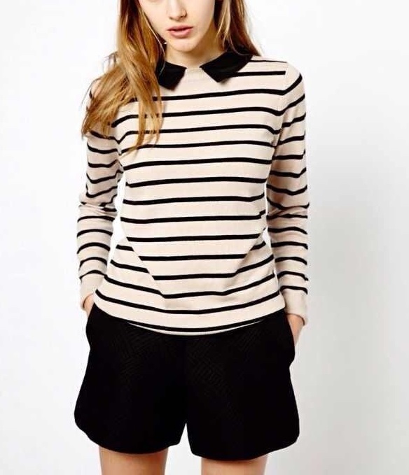 Fashion women Striped pattern Pullover knitwear Removable peter pan collar long sleeve Casual knitted sweaters brand tops